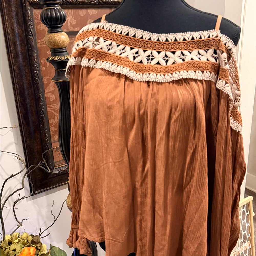 Maurices Rust Brown Off-Shoulder Top with Crochet Yoke